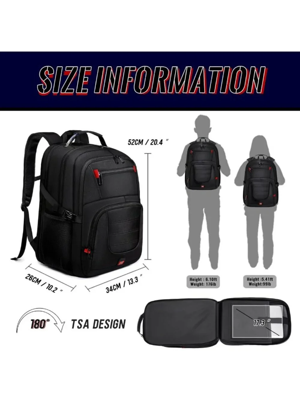 Spacious Black Travel Backpack for Men, Fits 17.3